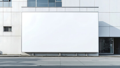 large blank white billboard on modern building facade by the street
