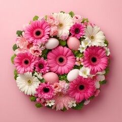 A circular floral arrangement with Easter eggs on a pastel pink background