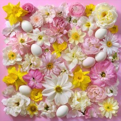 Pastel floral arrangement with white eggs on pink. Beautiful, spring holiday theme