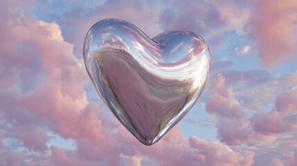 A metallic heart floating amidst a dreamy, pastel-colored sky filled with fluffy clouds. The heart reflects the surrounding environment, creating a sense of ethereal beauty