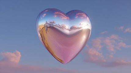 A lustrous heart-shaped object floating serenely amidst a captivating pastel sky