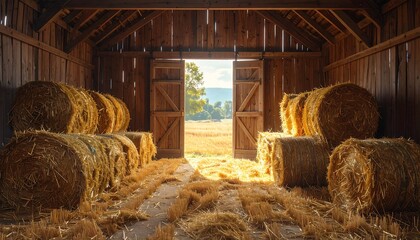 Interior view of a rustic wooden barn with hay bales neatly stacked on either side, bathed in warm sunlight through open doors