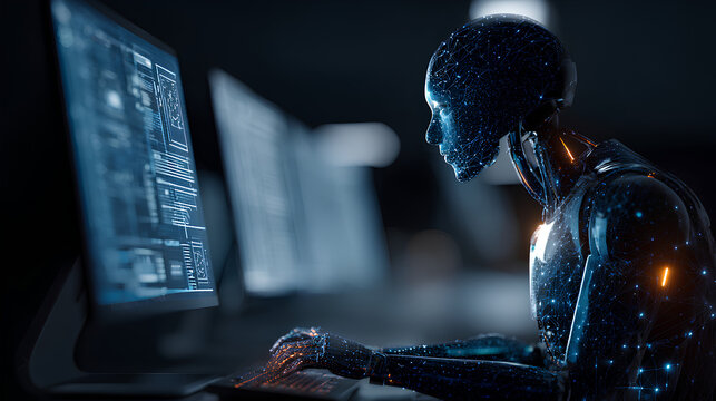 AI tech, artificial intelligence and big data analytics, innovative technology background. Software engineer using computer for data engineering, internet bot, data science