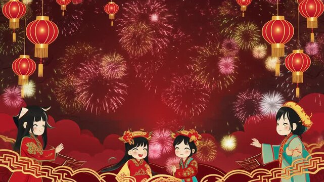 A vibrant illustration of a Lunar New Year celebration featuring cheerful anime girls in traditional Chinese costumes, surrounded by glowing red lanterns and dazzling fireworks
