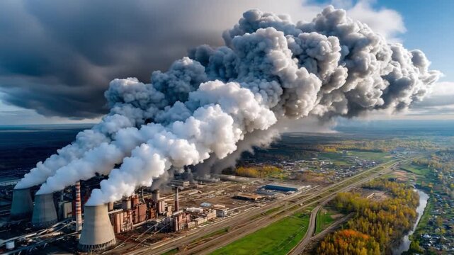 Environmental Pollution: An evocative scene depicts towering plumes of smoke billowing from industrial chimneys, symbolizing the stark reality of air pollution and its impact on the environment.