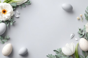 Pastel floral arrangement with Easter eggs, soft shadows, and elegant simplicity on a light background
