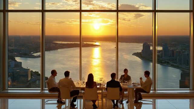 Golden Hour Conference: An executive team engages in a crucial business meeting, silhouetted against a breathtaking backdrop of a setting sun painting the sky with fiery hues. - Powered by Adobe