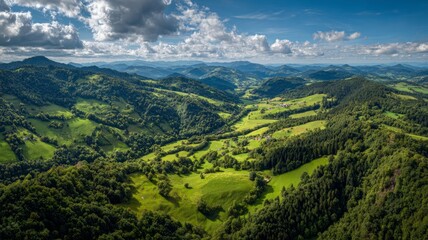 Aerial view of lush green fields and rolling hills with scenic natural landscapes under soft sunlight, capturing the beauty of open countryside and serene outdoor environment