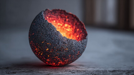 A glowing orb with a textured surface, showcasing molten core, creating an ethereal and captivating display.