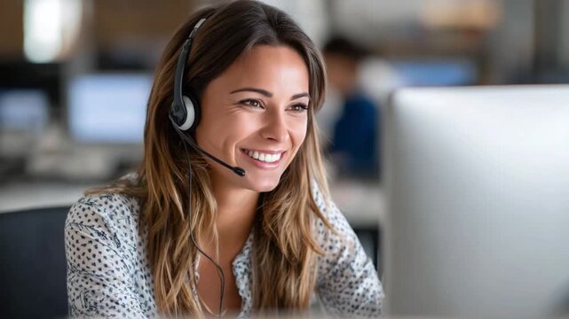 Smiling Customer Service: A customer service professional exudes warmth and efficiency as she engages with a client, fostering trust and providing support, emphasizing empathy and helpfulness.