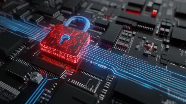 Cybersecurity lock protecting digital network from online threats in modern technology age