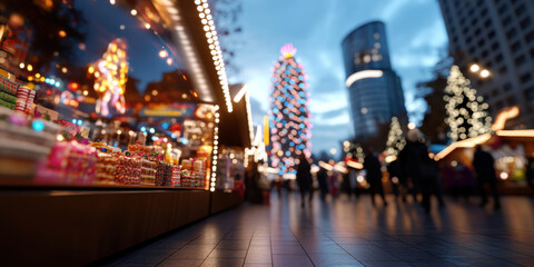 A lively market scene illuminated by colorful lights and decorations, showcasing a vibrant atmosphere filled with festive treats and a prominent Christmas tree in the background.