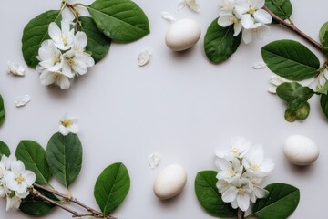 Floral arrangement with white flowers, green leaves, and eggs on a white background