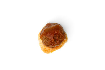 Fish meatballs in tomato sauce isolated on white background.