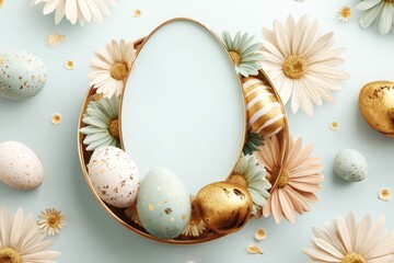 Pastel Easter composition with an egg-shaped gold frame, eggs, and daisies