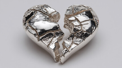 A broken silver heart symbolizes heartbreak and sadness. The sculpture is a stark reminder of loss and pain. 