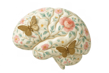 Human brain showing detailed floral patterns and gold butterflies, symbolizing well-being, growth, creativity, and a healthy mind. Transparent background