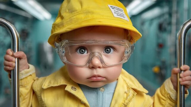 Youngest Engineer: A baby, decked out in miniature work gear and safety glasses, stares intently forward, a symbol of potential and the future of innovation.