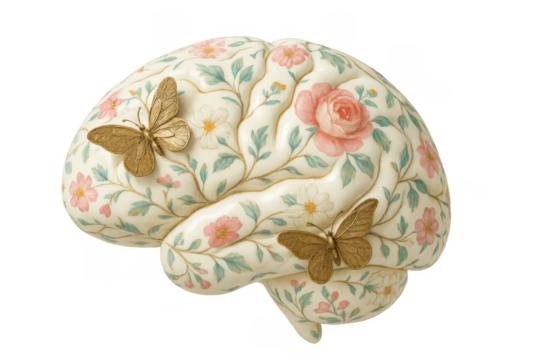 Human brain showing detailed floral patterns and gold butterflies, symbolizing well-being, growth, creativity, and a healthy mind. Transparent background - Powered by Adobe