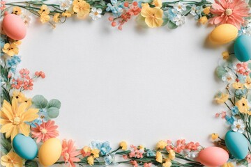 Easter-themed frame with pastel eggs and colorful flowers on a white surface