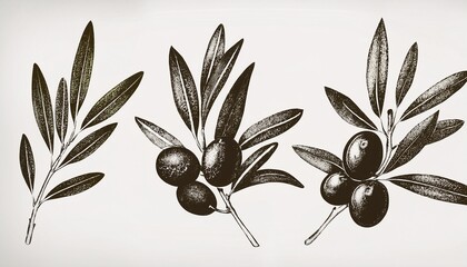 A set of detailed black-and-white linocut illustrations of olive branches with olives, featuring a grunge texture. These vector images showcase natural and organic motifs.