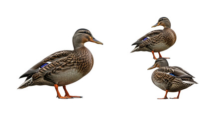 Group of Three Ducks Standing on White Background.