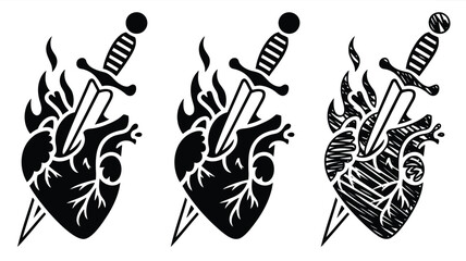 Gothic dagger piercing a flaming heart symbolizing passion pain and dark romance perfect for edgy designs and tattoo art