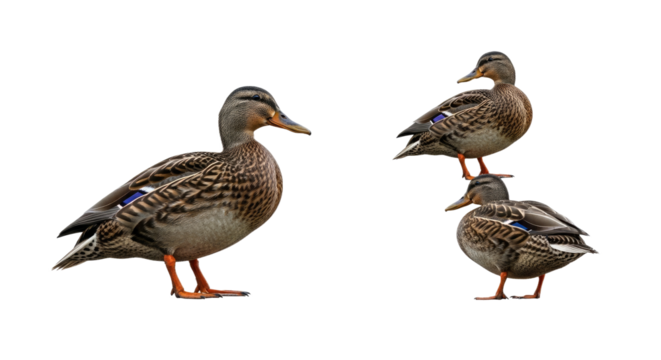 Group of Three Ducks Standing on White Background.