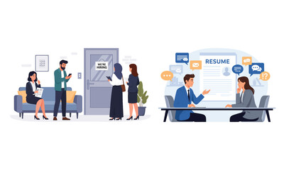 Job interview process from waiting room to hiring decision 2d illustration