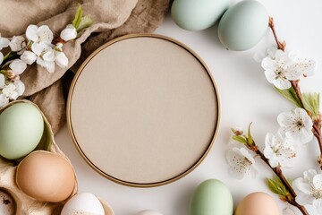 Overhead shot, Easter theme, eggs, flowers, and fabric around a circular beige space
