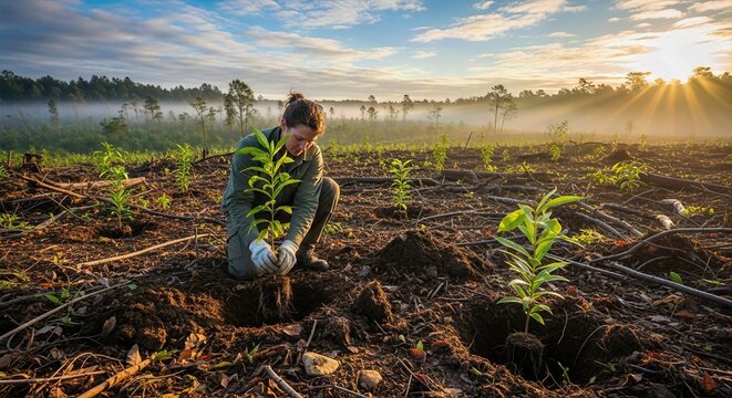 Woman planting a sapling in a deforested area at sunrise