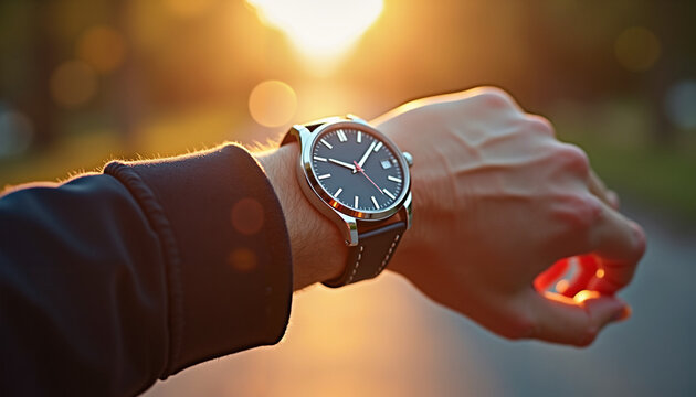 Person checking the time on a stylish watch while enjoying a sunset - Powered by Adobe