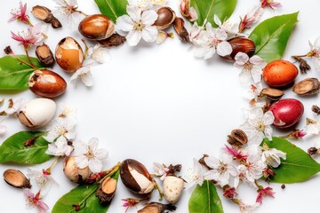 A white backdrop frames a floral arrangement with eggs, blossoms, and natural elements