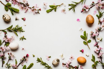 Easter-themed top-down shot. Eggs and floral branches frame a white background