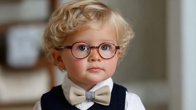 Smart Kid in Glasses and Bowtie: A portrait of an adorable toddler dressed in a smart suit, wearing eyeglasses and a bow tie, exuding an air of precocious charm.