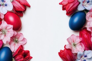 Easter arrangement of eggs and spring blooms framing a white space, overhead shot