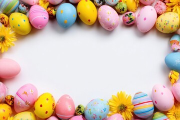 Easter eggs of various colors, dots, and stripes frame a white space with yellow flowers