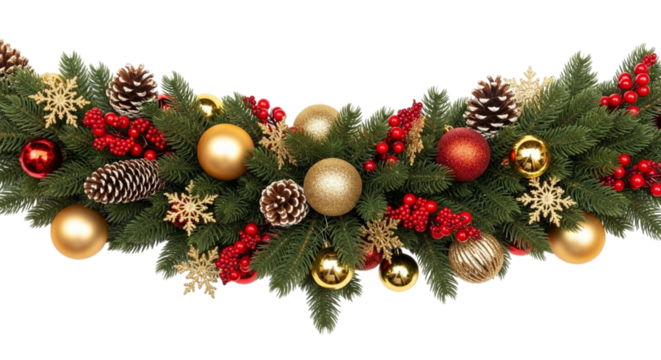 Christmas garland with pine cones, red and gold baubles, and snowflakes