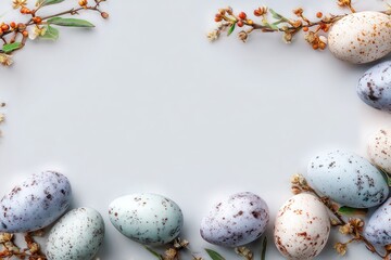 Pastel speckled eggs and delicate sprigs create a spring-themed frame on a white surface