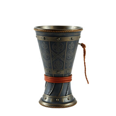 An ornate medieval goblet with detailed carvings and a dark aged finish