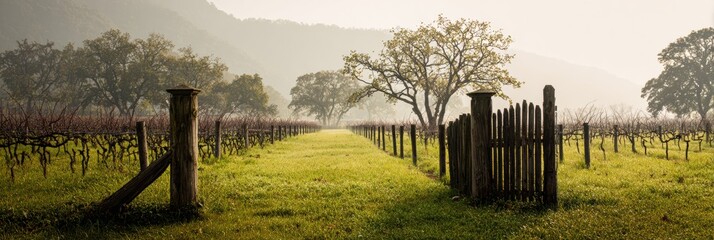 Vineyard Path With Wooden Fence and Misty Landscape in Early Morning Light