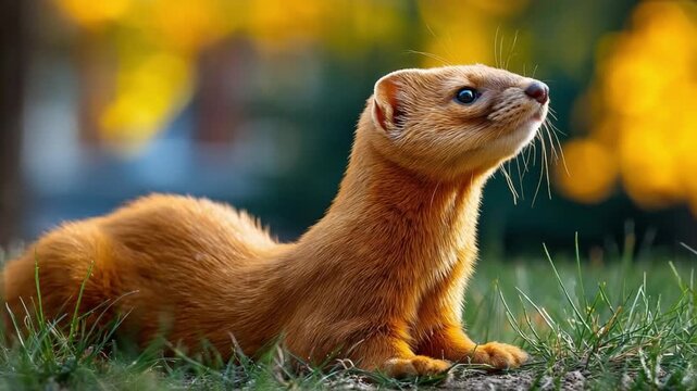 Curious Weasel in Natural Habitat: A charming weasel with its sleek, golden fur, pauses gracefully amidst lush green grass and natural foliage, its gaze fixed upwards with curiosity and grace.