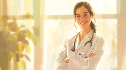 Smiling female doctor in white coat with stethoscope standing confidently in bright office