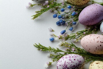 Speckled Easter eggs nestle among delicate blooms, a pastel springtime composition on white