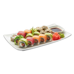 Assorted Sushi Rolls Platter With Wasabi Pickled Ginger And Soy Sauce On A White Plate Isolated On Black Background
