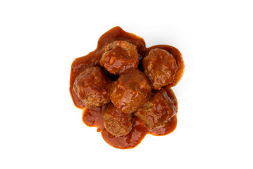 Fish meatballs in tomato sauce isolated on white background.