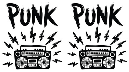 Dynamic punk boombox exploding with vibrant lightning bolts and energetic sound waves perfect for music events and retro themes