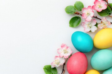 Pastel eggs and blossoms adorn a white surface, evoking spring and Easter joy