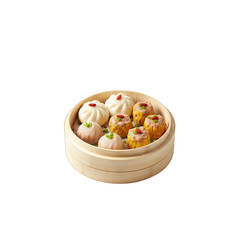 Assortment of Steamed Dumplings in a Bamboo Steamer Basket Isolated on a Black Background with Balanced Lighting