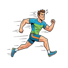 Athletic Man Running with Blue and Green T-shirt and Blue Shorts White Background Sweat Dripping Dynamic Motion